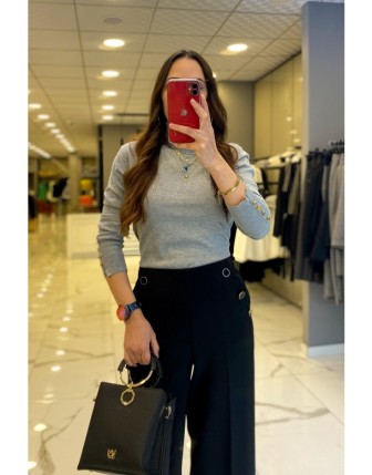 On Fashion Gri Balıkçı Yaka Gold Düğmeli Triko Kazak