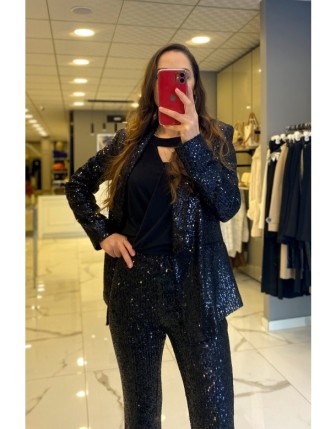 Ekol Siyah Payetli Cep Detaylı Ceket