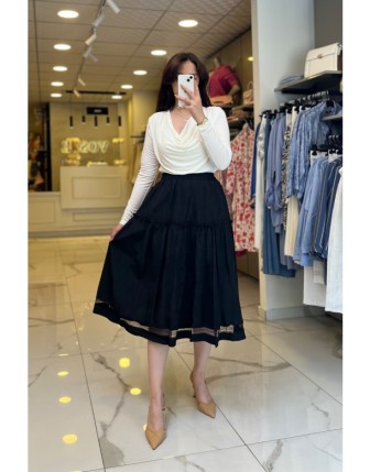 On Fashıon Siyah Dantel Detaylı Midi Boy Etek