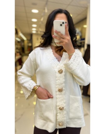 Tığ Triko Ekru Gold Düğme Detaylı Triko Hırka