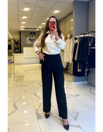 On Fashion Siyah Düğme Ve Cep Detaylı Palazzo Pantolon