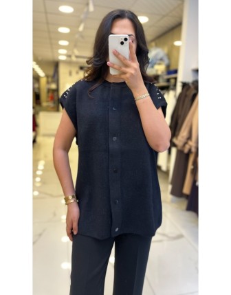 Tığ Triko Siyah Omzu Taş İşlemeli Triko Yelek