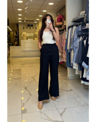 On Fashıon Siyah Beli Lastikli Bol Paça Pantolon