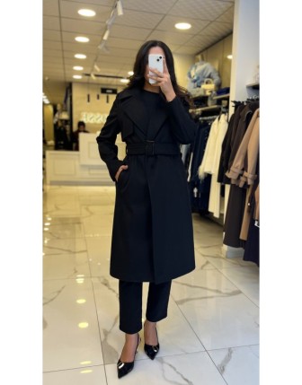 Ekol Siyah Beli Kuşaklı Kaşe Kaban