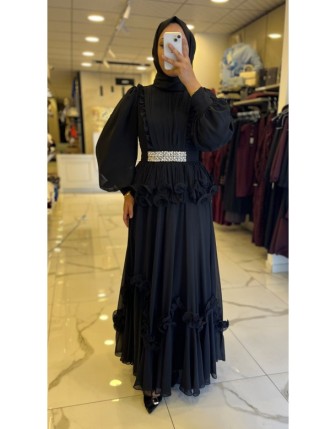 Gazella Siyah Şifon Etekli Kemerli Takım 