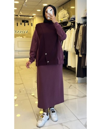 Tığ Triko Bordo Triko Detaylı Etekli Takım