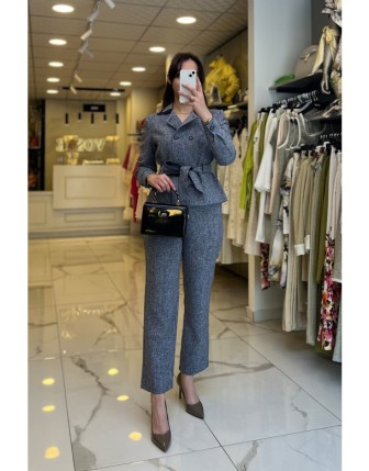 Sedna Lacivert Kuşaklı,Düğmeli Takım 