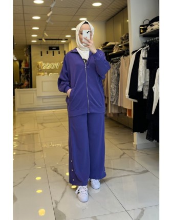 Tığ Triko  Mor Dikiş Detaylı Çıtçıtlı Takım