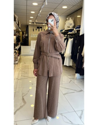 Moda İlgi Vizon İnci Ve Kemer Detaylı Takım