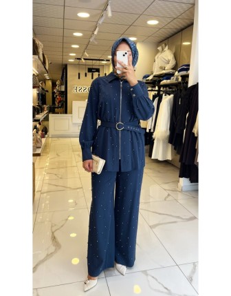 Moda İlgi İndigo İnci Ve Kemer Detaylı Takım