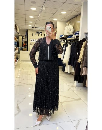 Moda İlgi Siyah Ribana Detaylı Taşlı Etekli Takım