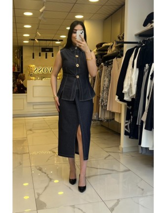 Miarte Lacivert Yırtmaçlı Aksesuarlı Etek