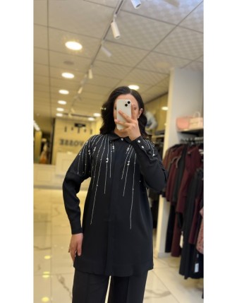 Moda İlgi Siyah Taş Detaylı Gömlek