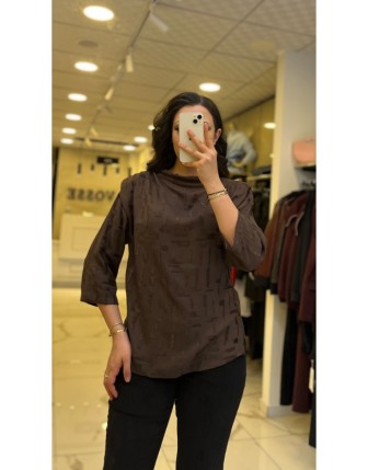 İndigo Kahverengi Desenli Degaje Yakalı Bluz