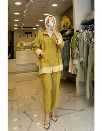 Tığ Triko Yağ Yeşili Çizgili Poplin Takım