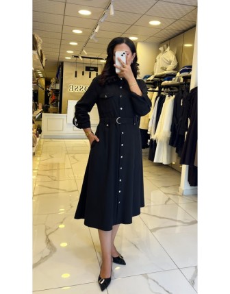 Moda İlgi Siyah Beli Kuşaklı Apoletli Elbise