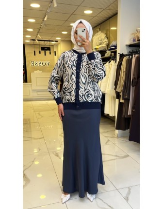 Tığ Triko Lacivert Desenli Etekli Takım
