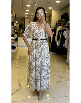 Miarte Siyah Desenli,Kemerli V Yaka Elbise