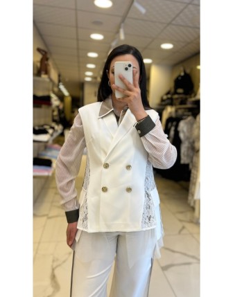 Miarte Beyaz Küpür Detaylı Gold Düğmeli Yelek