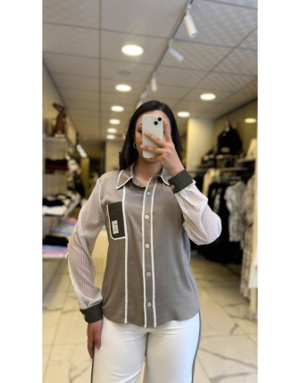 Miarte Vizon Kolları Çizgi Detaylı Şifon Gömlek