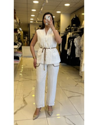 Miarte Ekru Çizgili,Kuşaklı,Cep Detaylı Takım