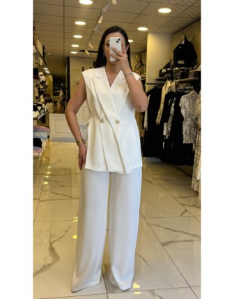 Miarte Ekru Düğmeli Yelekli Saten Takım