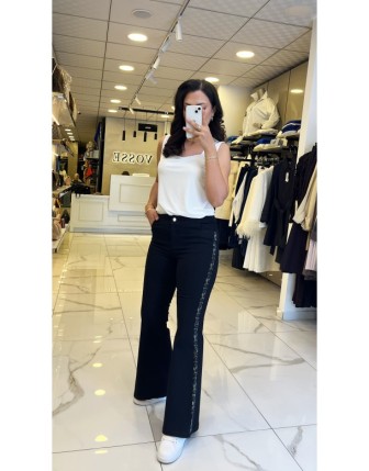 Moda İlgi Siyah YanLarı Taş İşleme Detaylı İspanyol Paça Pantolon