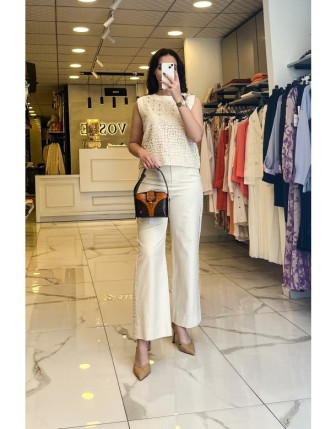 Sedna Bej Örgü Detaylı Keten Pantolon