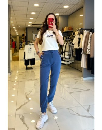 On Fashıon İndigo Beli Lastikli Cep Detayı Sim İşlemeli  Eşofman Pantolon