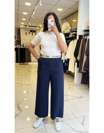 Yusuf Özdemir Lacivert Beli Lastikli Palazo Pantolon