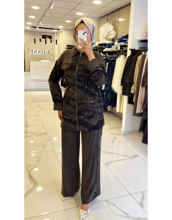 Tığ Triko Kahverengi Beli Büzgülü İpek Qupra Takım