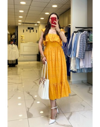 Mi Mango Fırfırlı Fisto Desenli Elbise