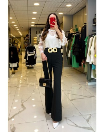 Miarte Siyah Gold Kemer Detaylı Küpürlü Uzun Kollu Tulum