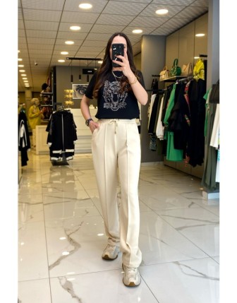 On Fashıon Kum  Dikiş Detaylı Beli Lastikli Boru Paça Eşofman