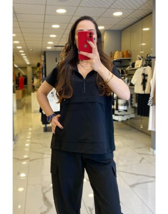 On Fashıon Siyah  Kapüşonlu Fermuarlı Cep Detaylı Eşofman Üstü