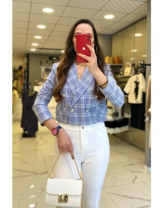 Ekol Mavi Kısa Desenli Düğme Ve Cep Detaylı Blazer Ceket