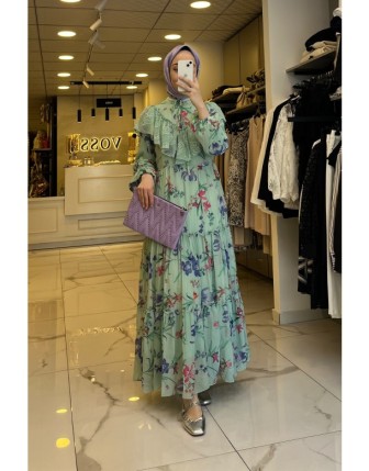 Yaqa Yeşil Çiçek Desenli Şifon Elbise