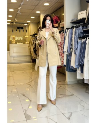 Sedna Bej Düğmeli Kuşaklı Trençkot