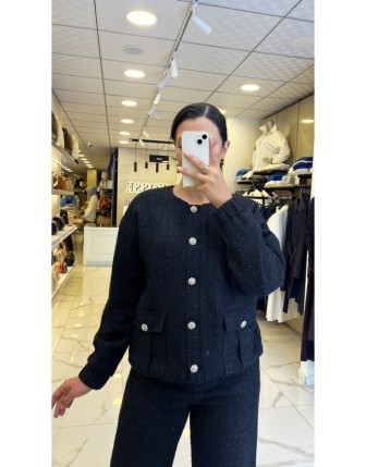 Doop Siyah Gümüş Detaylı Tüvid Ceket