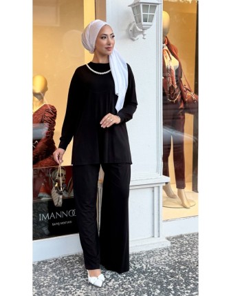 Tığ Triko Siyah İnci Detaylı Takım