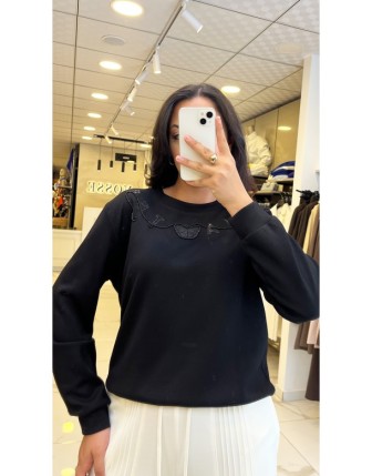 On Fashıon Siyah İşlemeli Sweat