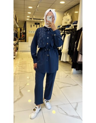 Moda İlgi İndigo Beli Büzgülü Taş Detaylı Takım