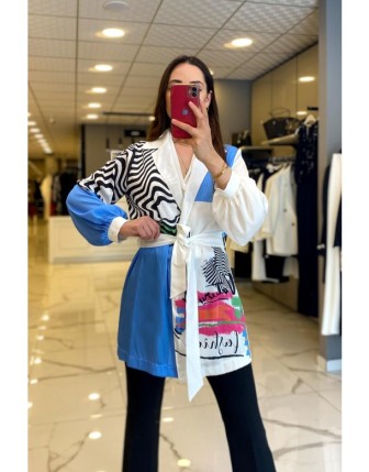 Miaruj Mavi Zebra Desenli Kuşaklı Kimono