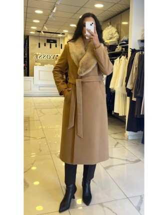 Doop Camel Yakası Kürklü Uzun Kaban