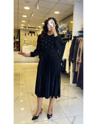 Ekol Siyah Boncuk Detaylı Kadife Elbise