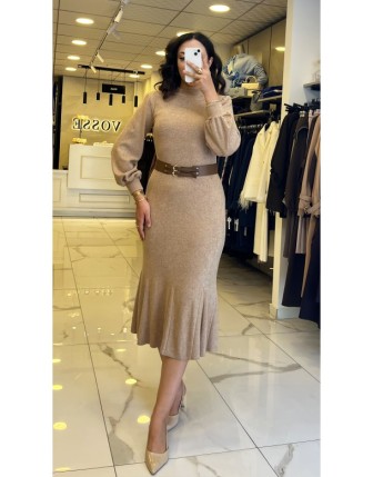 İndigo Camel Kemer Detaylı Triko Elbise