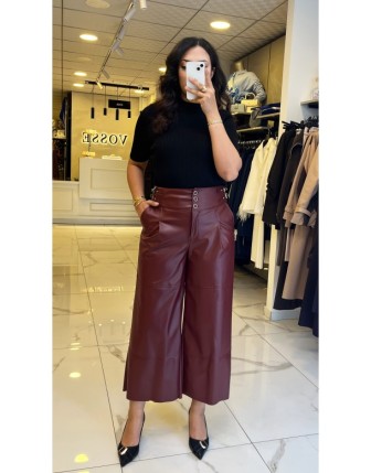 Moda İlgi Bordo Kemer Detaylı Deri Pantolon