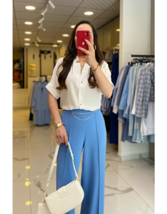 On Fashıon Ekru Düğmeli Kısa Kollu Saten Gömlek