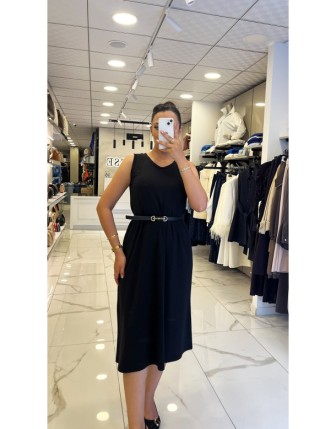 On Fashıon Siyah Bisiklet Yaka Sıfır Kollu Midi Boy Elbise