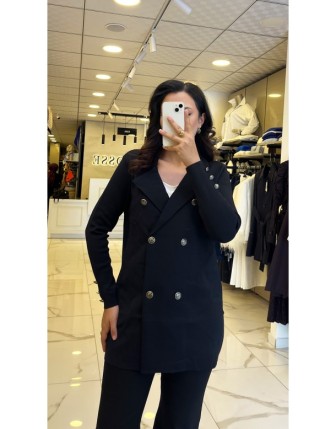 Tığ Triko Siyah Kruvaze Yaka Rayon Düğmeli Hırka